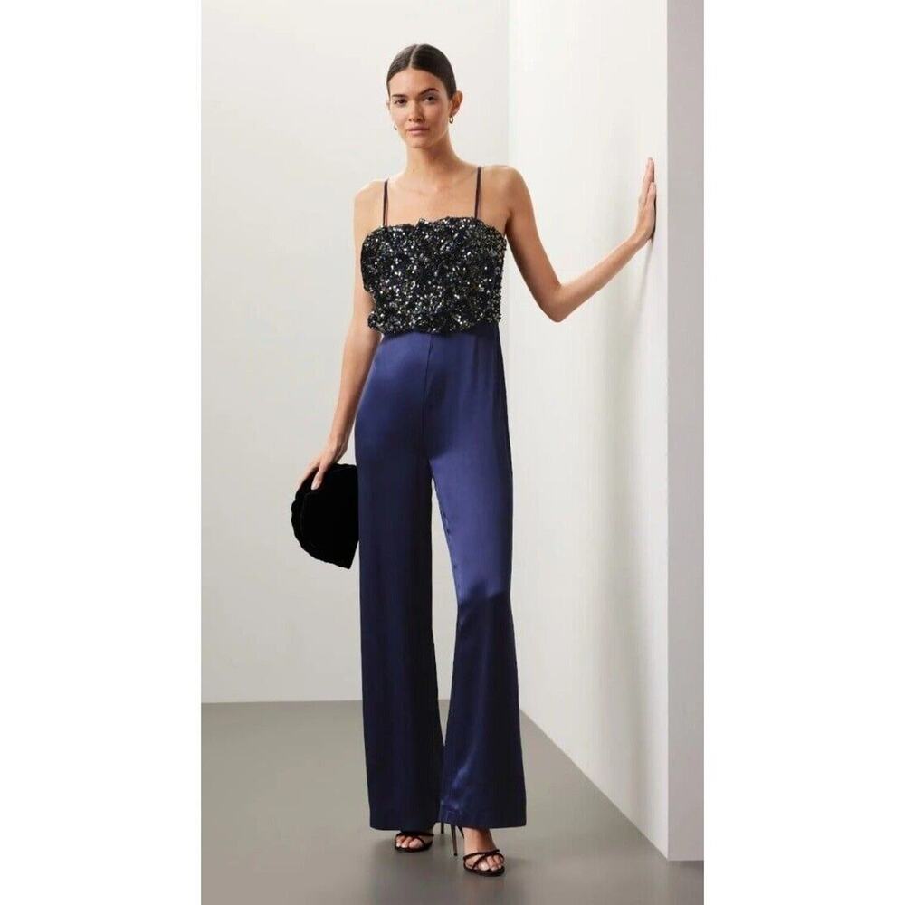 RTR size 16 badgley mischka deep blue sequin rose front top silk pant jumpsuit